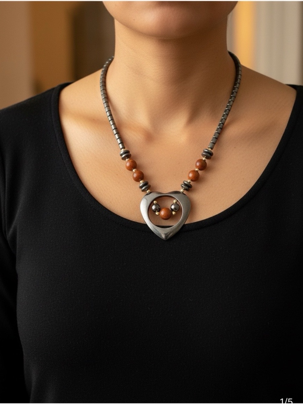 Hematite open Heart Carnelian Agate bead Necklace